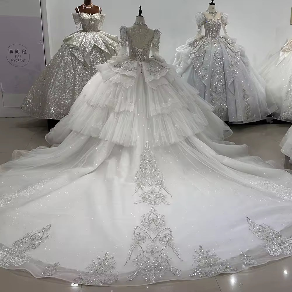 TW169 Wedding Dress For Bride 2025 Long Sleeve Square Collar Lace Up Back Ball Gown Sequins Beading Crystal Bridal Dress