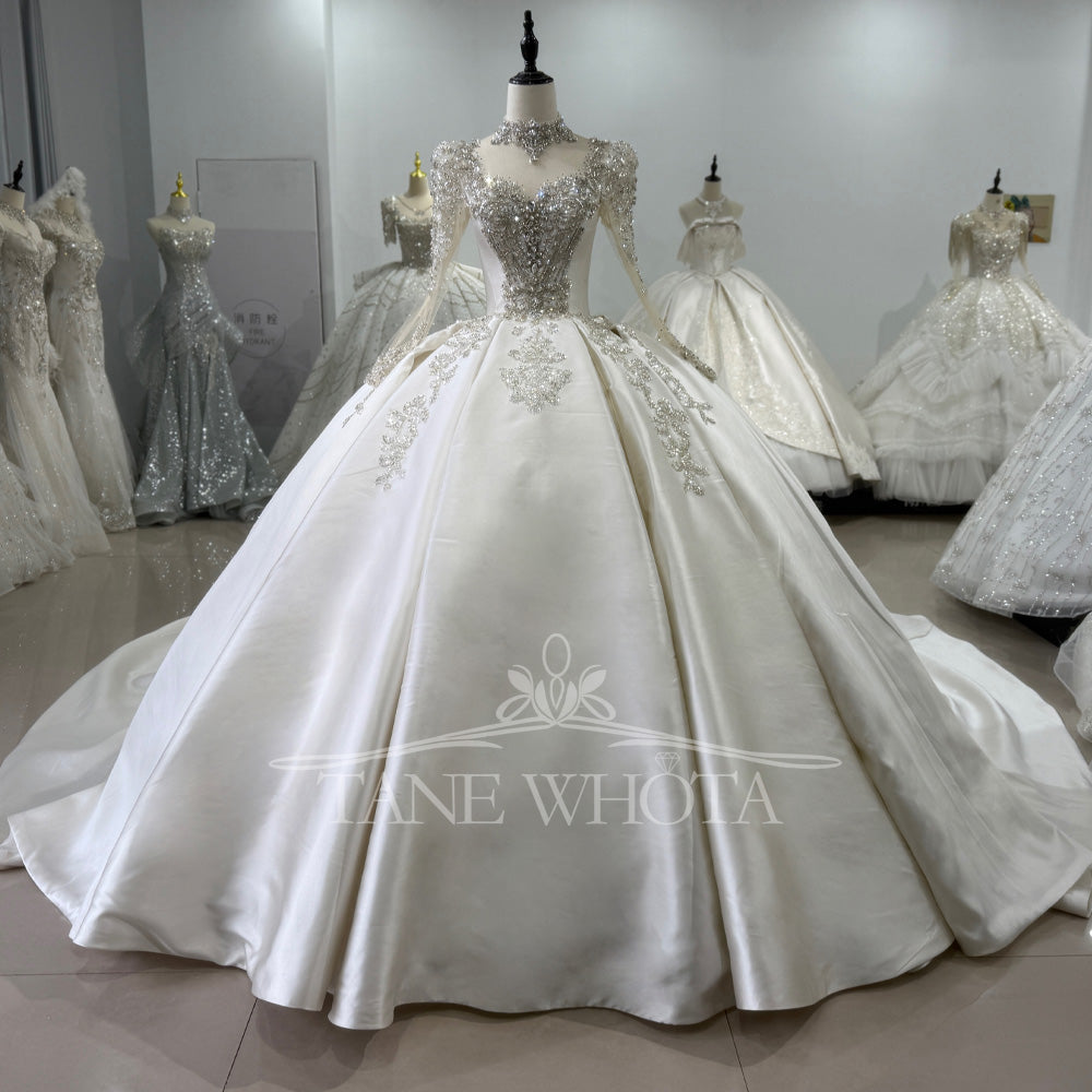 TW617 High Long Sleeve Crystal Sequined Wedding Dress With Lace-Up Keyhole Back Customized Ball Gown For Brides
