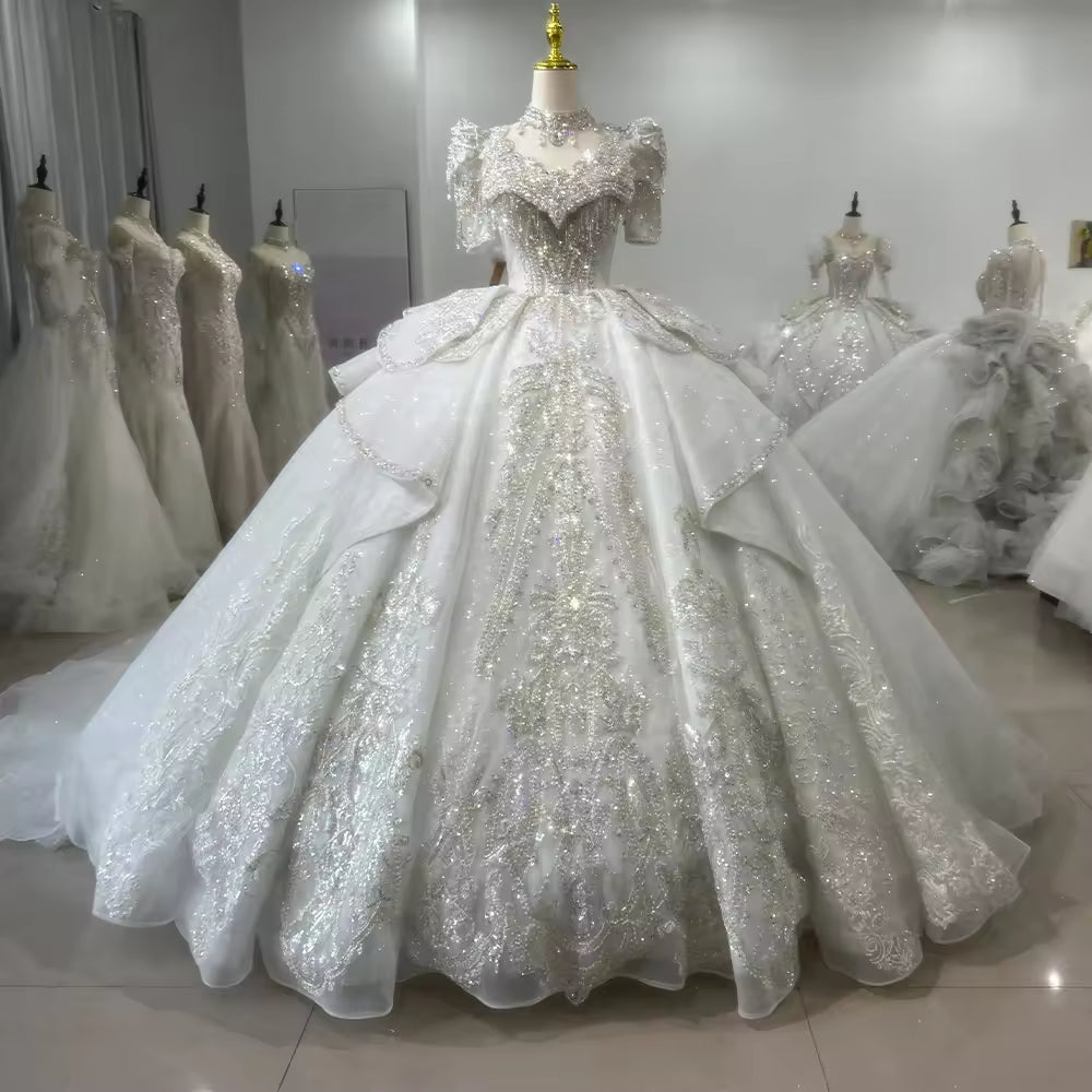TW157 Vestido De Noiva Casamento Civil Scalloped Half Sleeve Wedding Dress Lace Up Back Beading Embroidery Ball Gown Bridal Dress