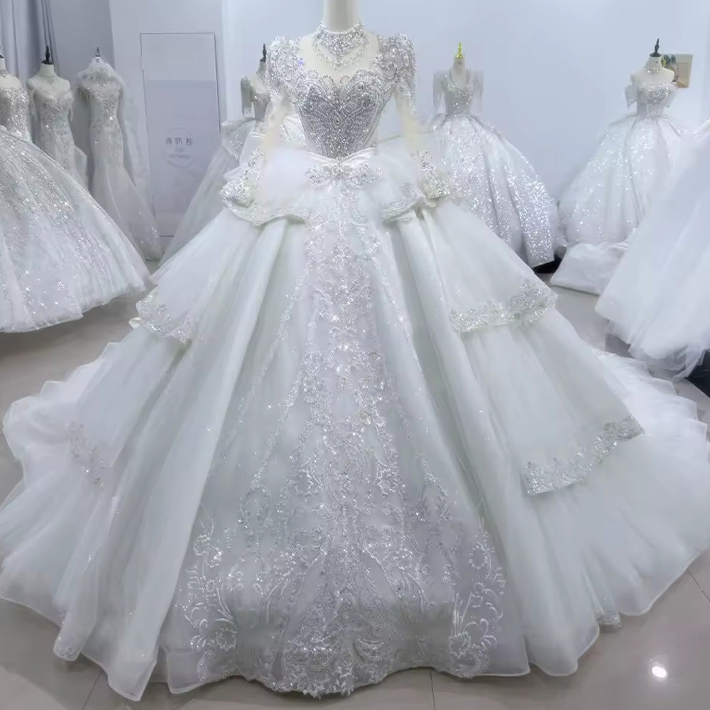 TW111 Vestido Noiva Casamento Civil Long Sleeve High Neck Wedding Dress Lace Up Back Ball Gown Tiered Beading Bow Bridal Dress