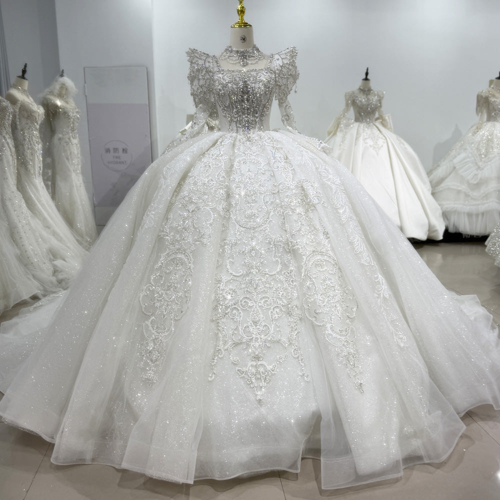 TW030 Corset Bridal Dress With Necklace Square Collar Lace Up Back Long Sleeve Beading Ball Gown Wedding Dress