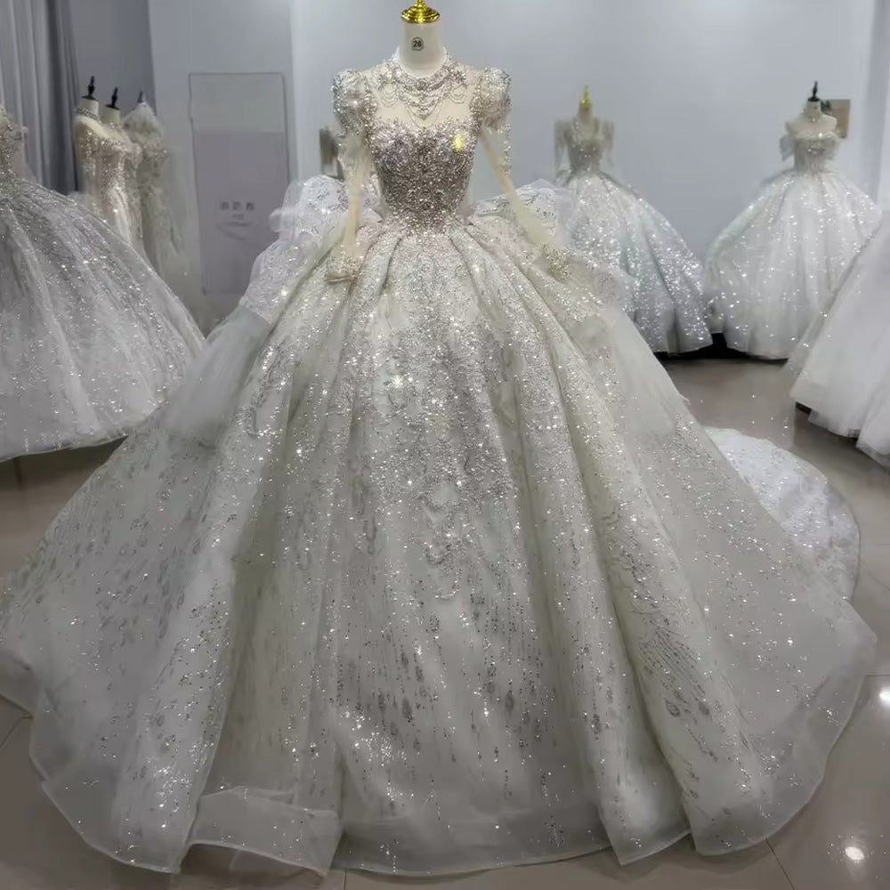 TW108 Suknia ślubna 2025 Long Sleeve High Neck Wedding Dress Lace Up Back Ball Gown Embroidery Beading Crystal Bridal Dress