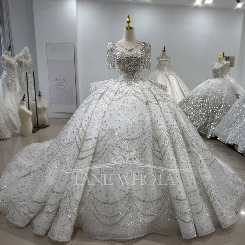 TW401 Luxury Long Wedding Dress O-Neck Half Sleeve Lace up Back Sequined Crystal Classic Bridal Customized Gown for Brides