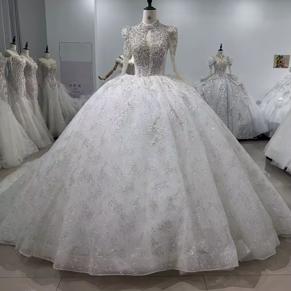 TW160 Wedding Dress High Neck Long Sleeve Lace Up Keyhole Back Wedding Dress Beading Sequins Star Ball Gown Bridal Dress