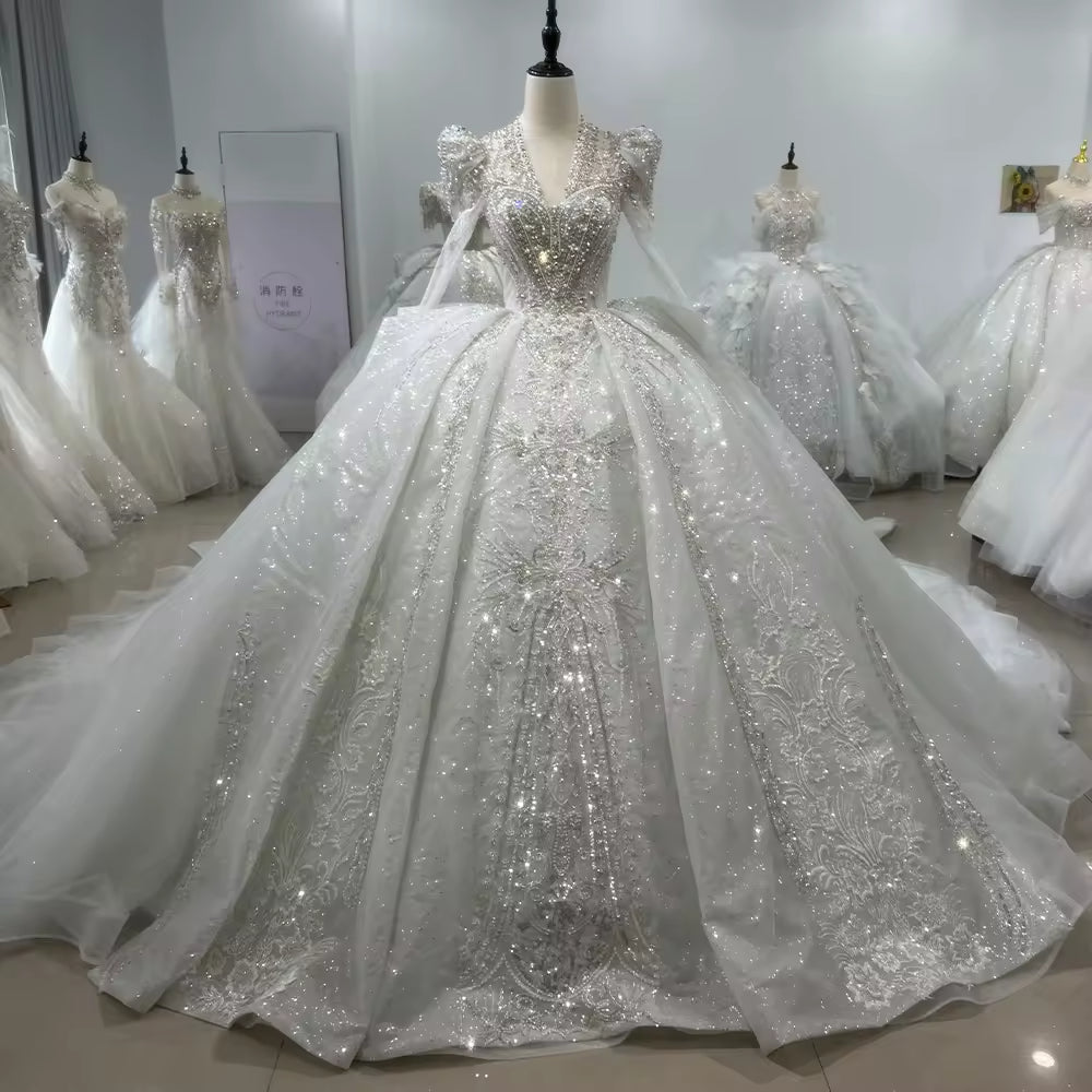 TW147 Weddings Dress 2025 Long Sleeve V-Neck Wedding Dress Lace Up Keyhole Back Beading Crystal Shiny Ball Gown Bridal Dress