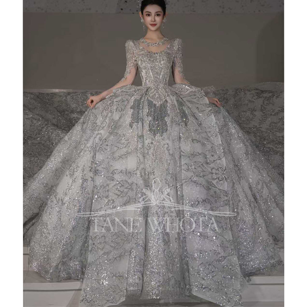 TW667 Sexy O-Neck Long Sleeve Wedding Dress Beaded Sequined Crystal Customized Robe De Mariée