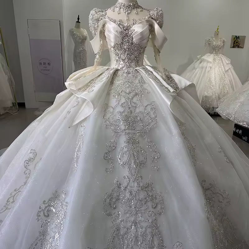 TW141 Long Sleeve Sweetheart Lace Up Back Wedding Dress Bow Beading Sequined Star Crystal Ball Gown Bridal Dress