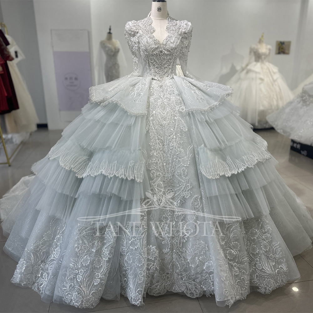 TW592 Women's Scalloped Long Sleeve Lace-Up Back Beaded Sequined Wedding Dress Customized Ball Gown Keyhole Detail