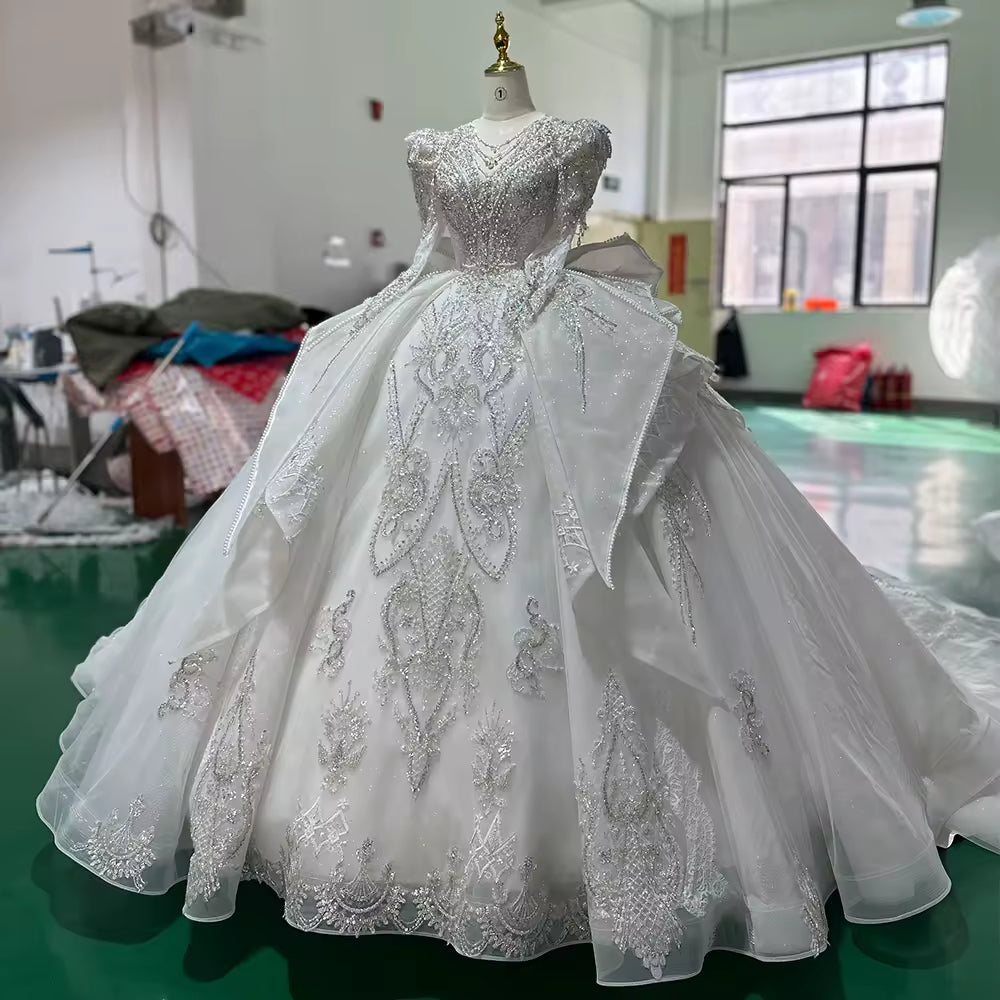 TW182 Robe Mariée Civile V-Neck Long Sleeve Lace Up Back Bow Customized Embroidery Beading Crystal Sequined Wedding Dress