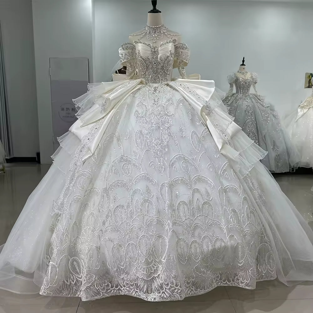 TW168 Vestido Casamento Long Sleeve Sweetheart Bow Wedding Dress Lace Up Back Ball Gown Sequined Beading Embroidery Bridal Dress
