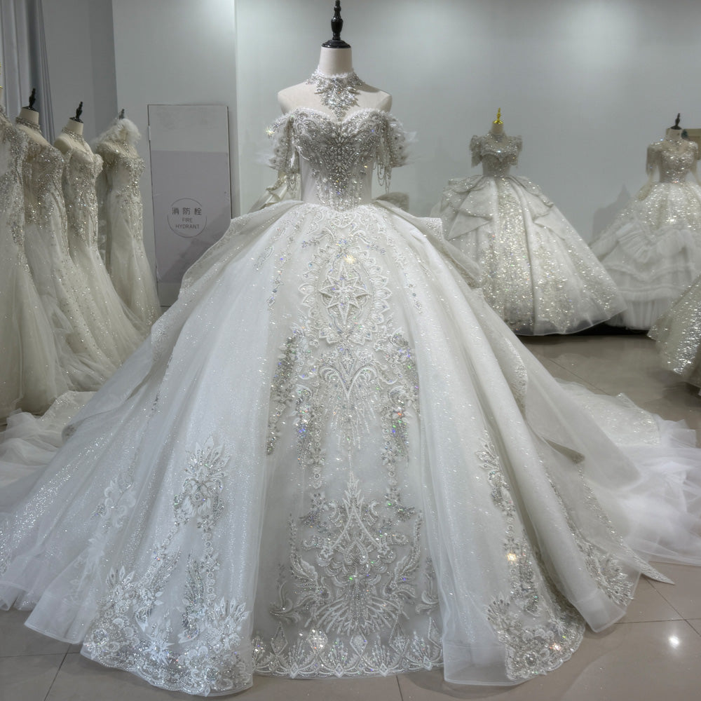 TW010 Vestidos De Novias Off The Shoulder Ball Gown Lace Beading Shiny Luxury Wedding Dresses 2025