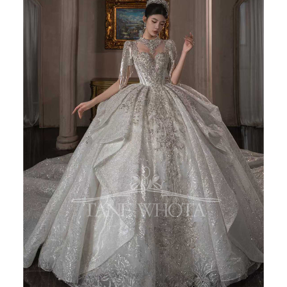 TW659 Civil Wedding Dress O-Neck Short Sleeve Lace Up Keyhole Back Beaded Sequined Crystal Customized Luxury Bridal Gown