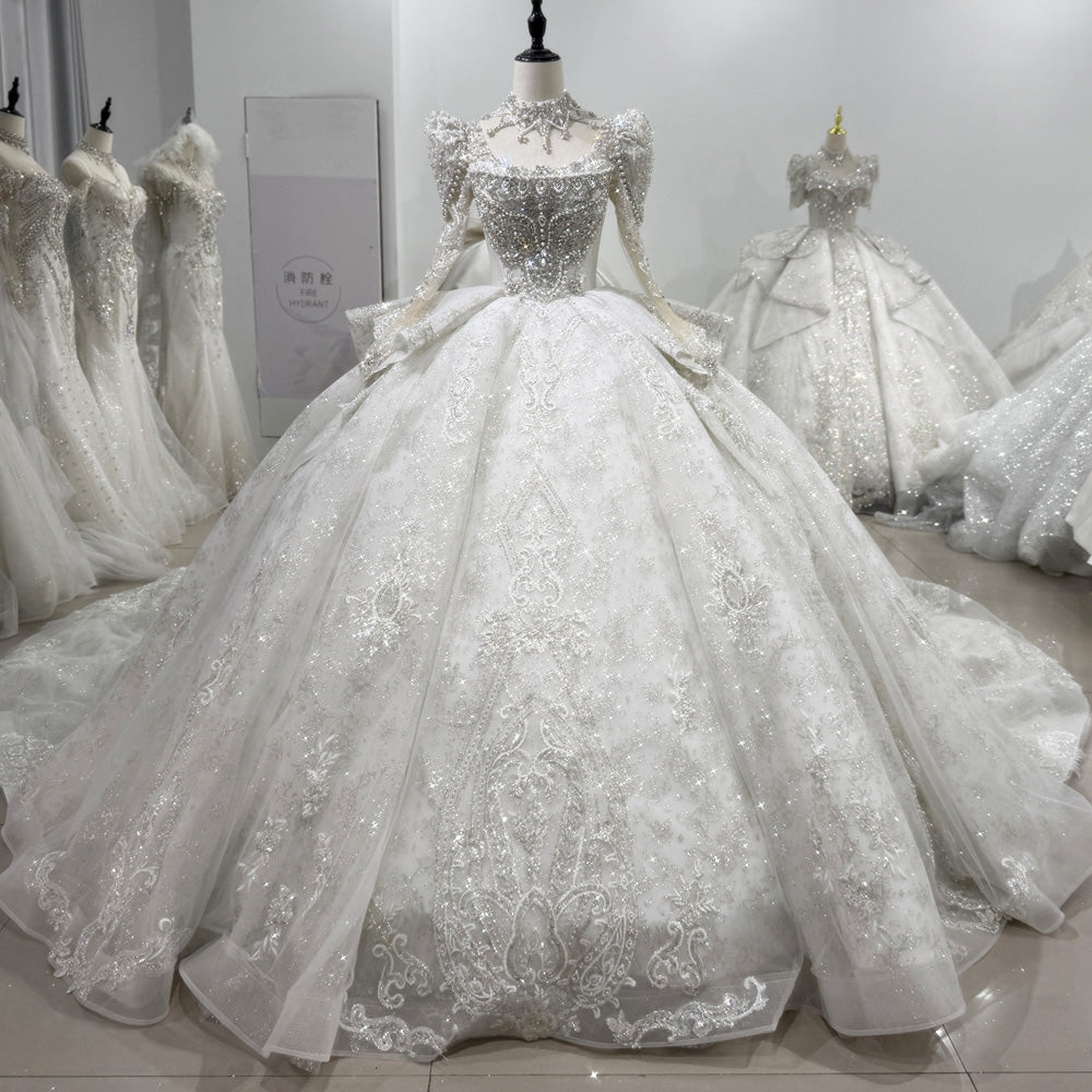 TW130 Robe De Mariée Femme Long Sleeve Wedding Dress Lace Up Back Ball Gown Embroidery Sequined Beading Crystal Bridal Dress
