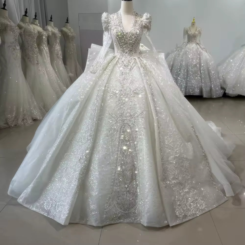 TW103 Vestido De Noiva Casamento Princesa Long Sleeve V-Neck Wedding Dress Lace Up Back Ball Gown Beading Crystal Bridal Dress