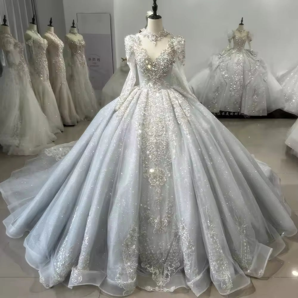 TW155 Blue Wedding Gowns For Brides Long Sleeve High Neck Keyhole Back Wedding Dress Beading Rhinestones Ball Gown Bridal Dress