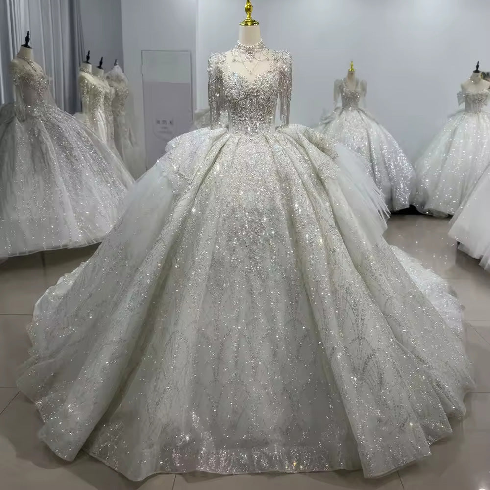 TW109 düğün elbisesi Short Sleeve O-Neck Wedding Dress Lace Up Back Beading Crystal Embroidery Sequined Ball Gown Bridal Dress