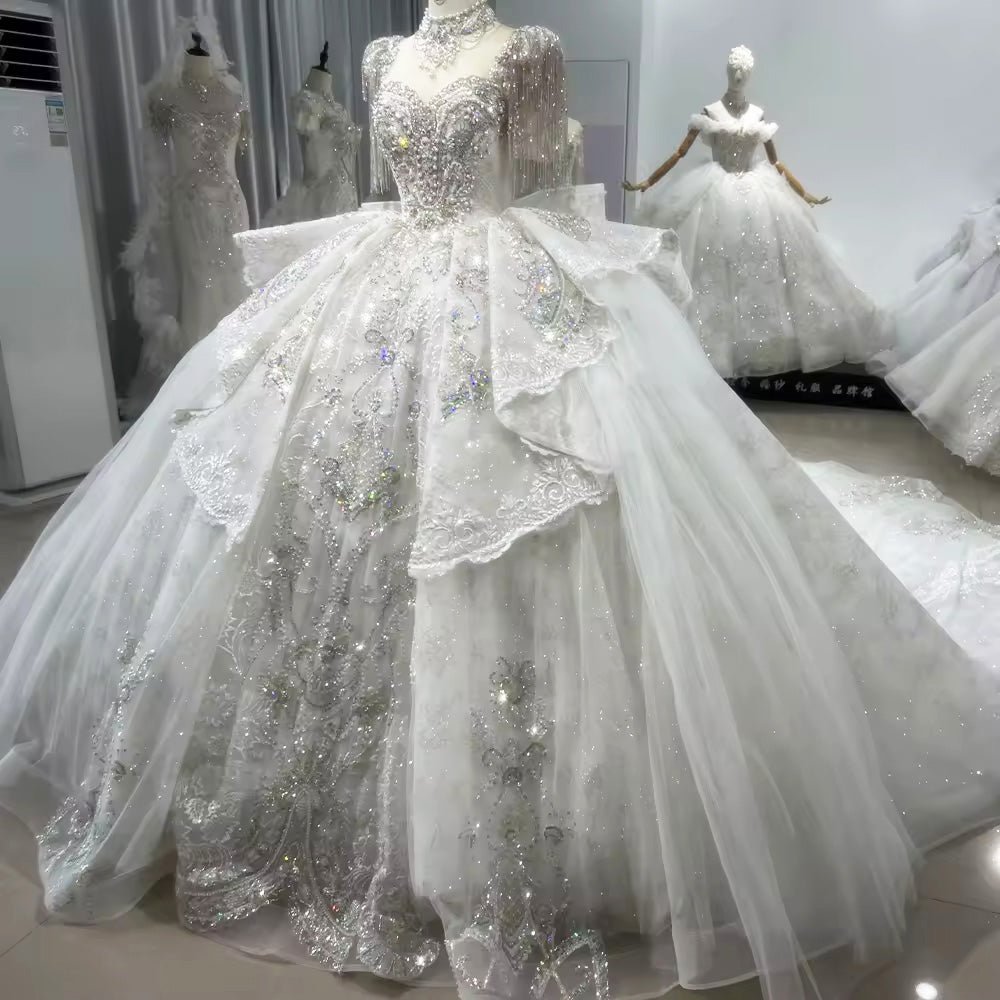 TW106 Bridal Dresses Short Sleeve O neck Wedding Dress Lace Up Back Ball Gown Bow Tassel Beading Crystal Embroidery Bridal Dress