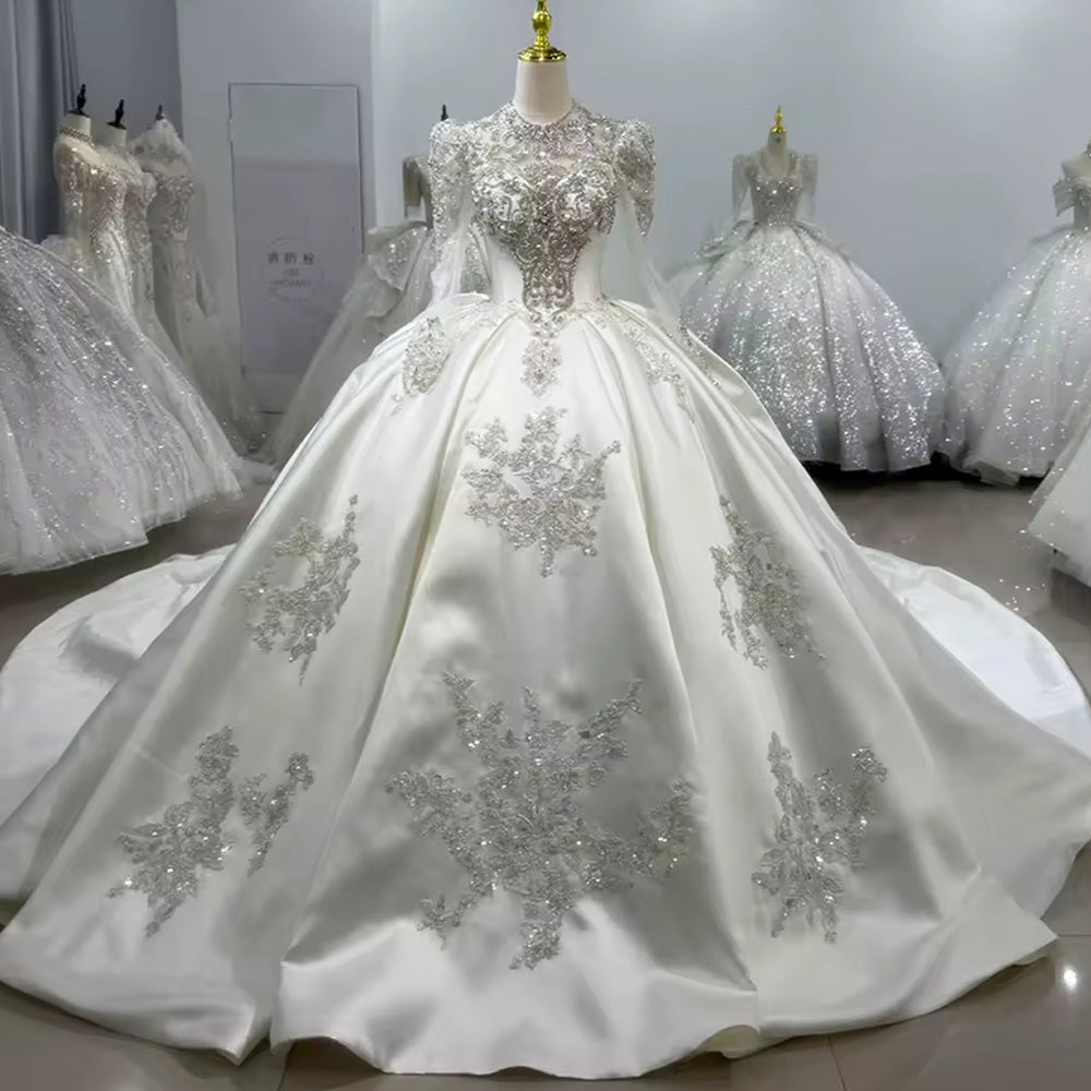 TW101 Satin Wedding Dress High Long sleeve Lace Up Back Customized Wedding Dress Beading Crystal 2025 New Bride Wedding Dresses