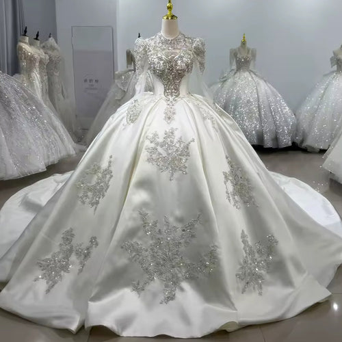 TW101 Satin Wedding Dress High Long sleeve Lace Up Back Customized Wedding Dress Beading Crystal 2025 New Bride Wedding Dresses