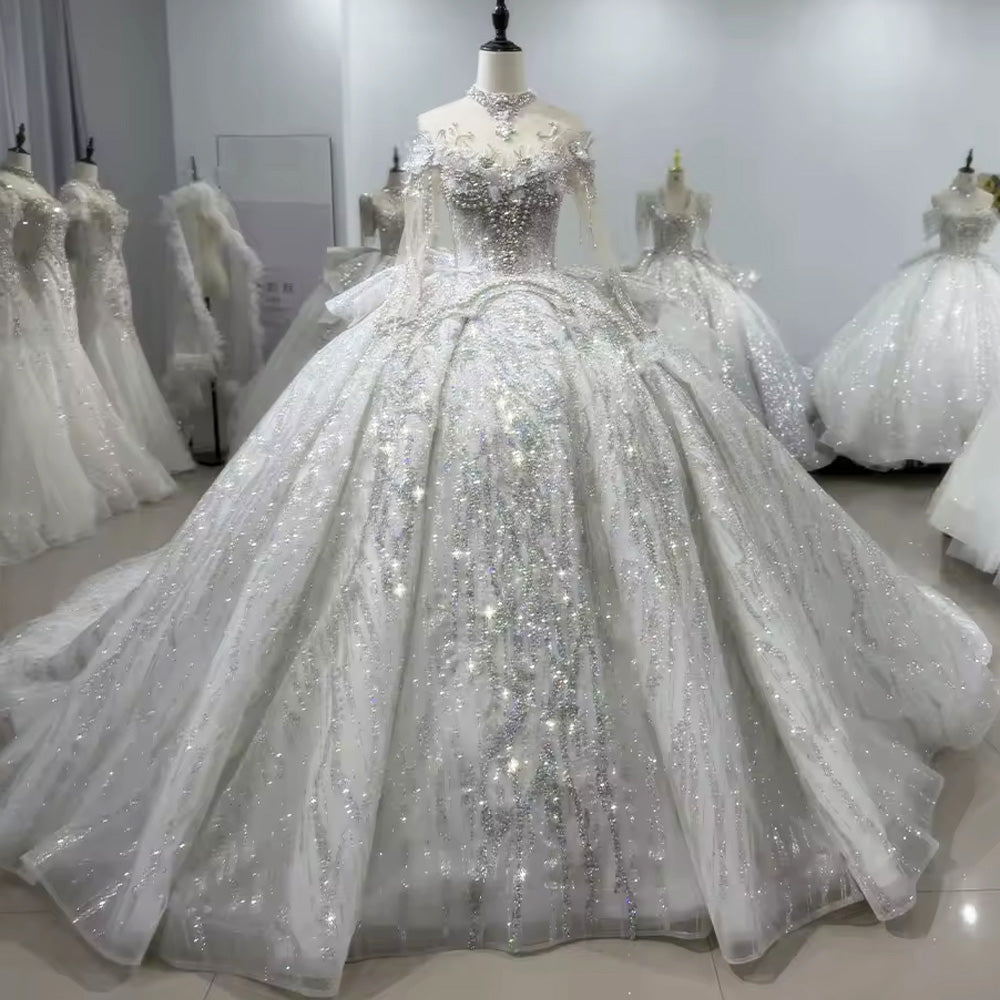 TW102 Robes De Mariage 2025 Long Sleeve O Neck Wedding Dress Lace Up Keyhole Back Ball Gown Beading Crystal Bridal Dress