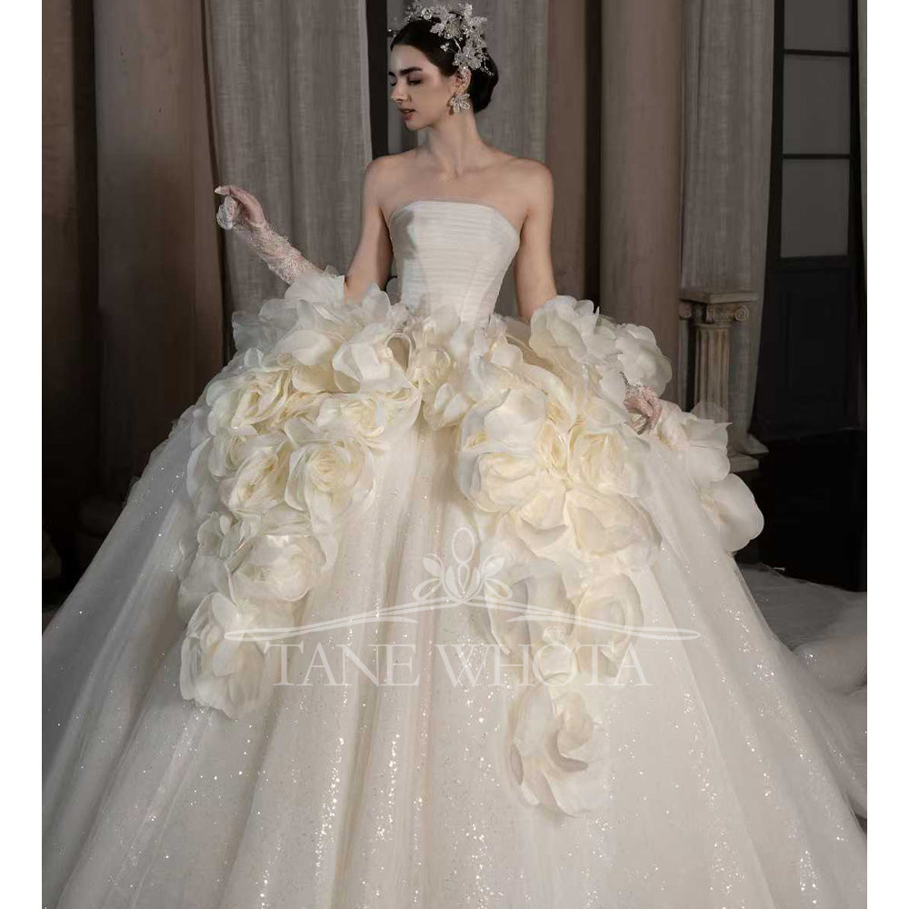TW547 Luxury Strapless Wedding Dress 3D Flower Ball Gown Customized Civil Ceremony Bridal Gown Elegant White Wedding Dress