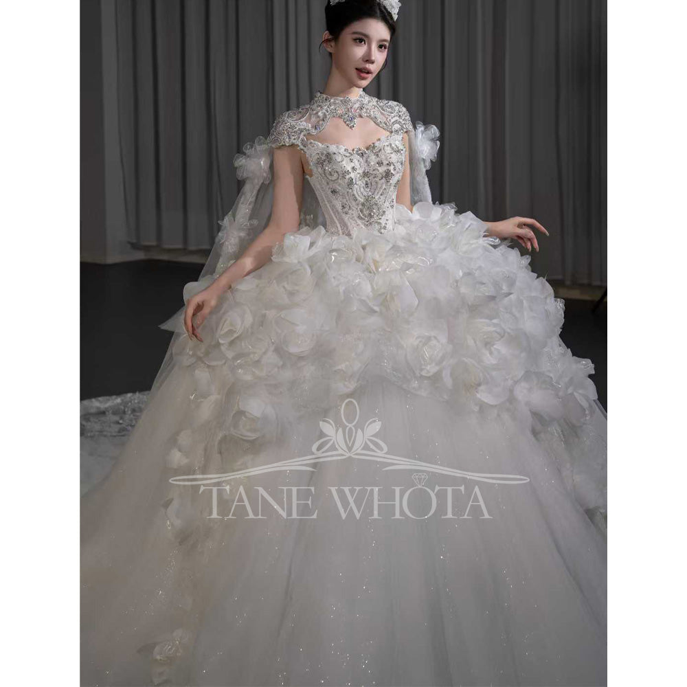 TW679 Luxury High Cap Sleeve Sequined 3D Flower Embroidery Wedding Dress Sexy Customized Vestidos De Novia 2026