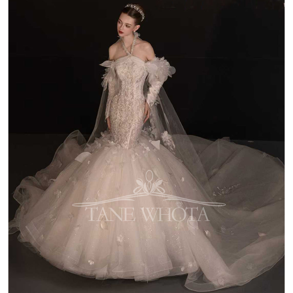 TW738 Elegant Sequined Halter Bridal Dress Long Sleeve Embroidery Sheath Fit Wedding Gown For Women 2026 Appliques Mariée Robe