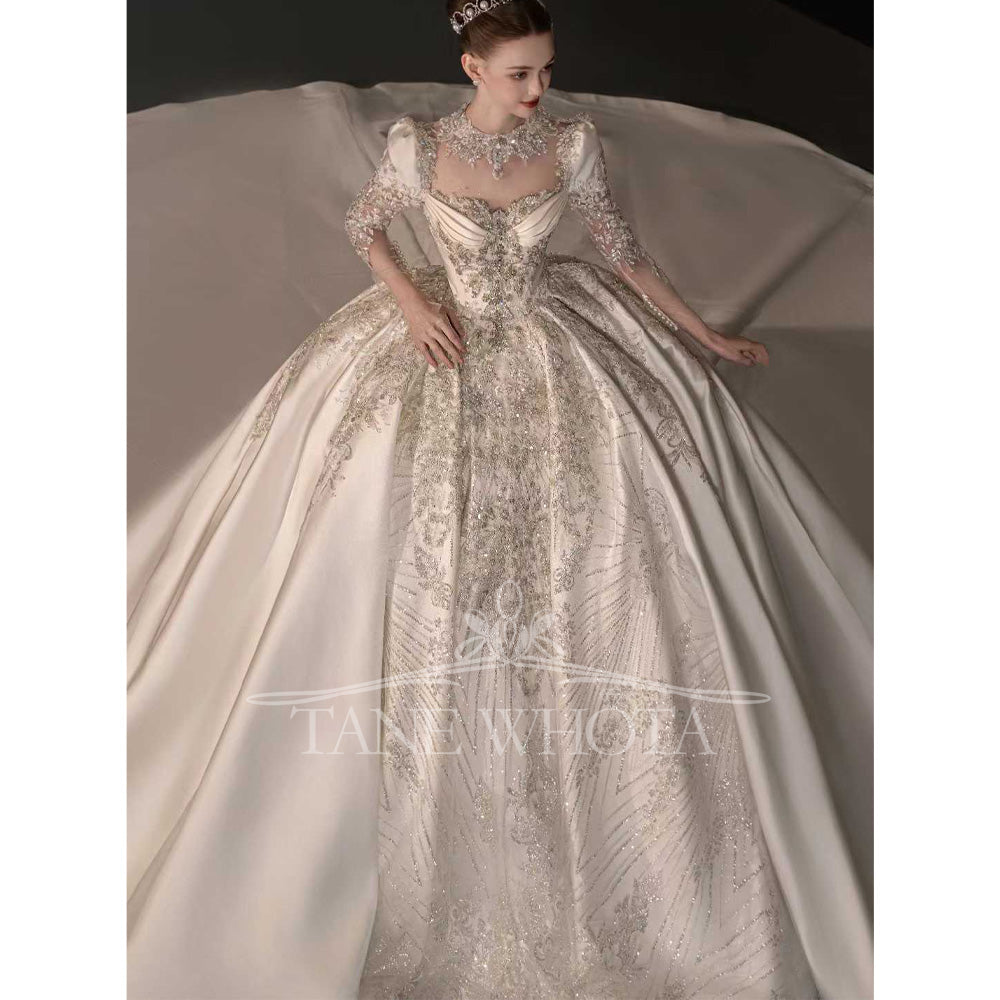 TW734 O-Neck Long Sleeve Wedding Dress Embroidery Beading Crystal Ball Gown Sexy Bridal Customized Dress
