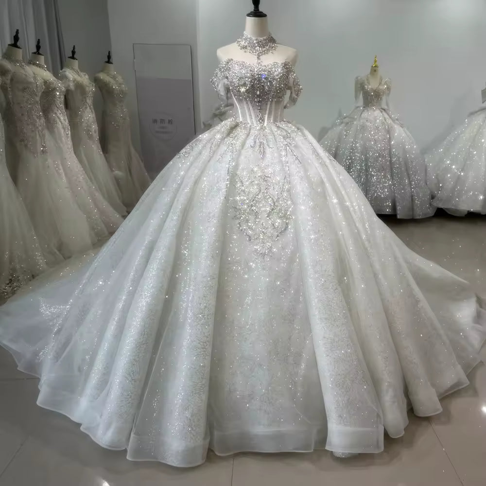 TW136 Civil Wedding Dress Sleeveless Off Shoulder Lace Up Back Wedding Dress Beading Sequined Crystal Ball Gown Bridal Dress