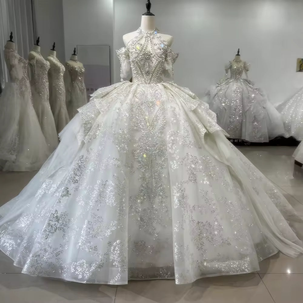 TW154 Suknia Slubna 2025 Halter Wedding Dress Lace Up Keyhole Back Beading Crystal Embroidery Luxury Ball Gown Customized Bridal Dress