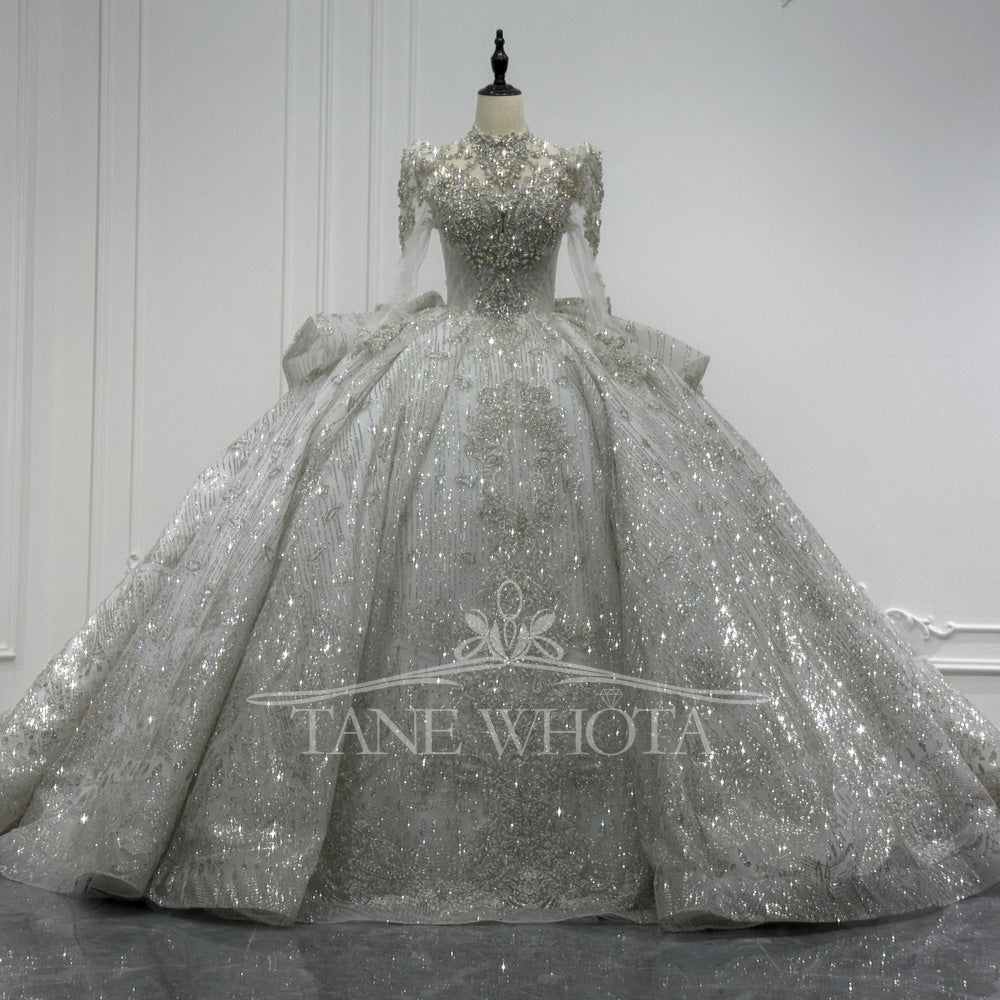 TW713 Luxury Crystal Sequined Bridal Wedding Dress With High Long Sleeves Lace-Up Keyhole Back Bow Detail Customized Ball Gown