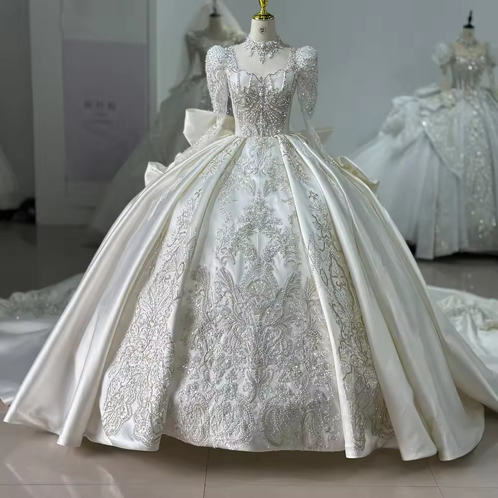 TW177 Vestido Casamento Noiva Civil Ball Gown Square Collar Long Sleeve Lace Up Back Beading Crystal Bow Customized Wedding Dress
