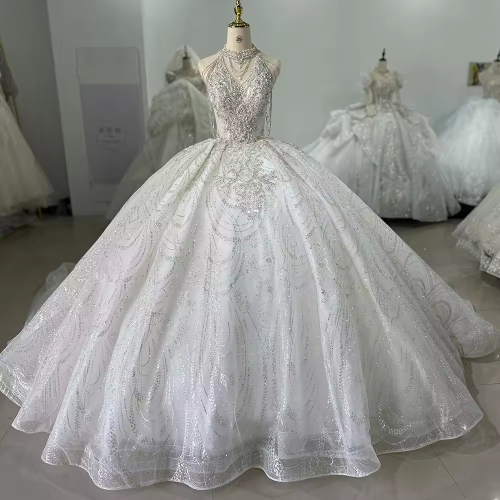 TW179 White Wedding Dresses For Bride Halter Sleeveless Lace Up Back Ball Gown Sequined Beading Embroidery Customized Bridal Dress