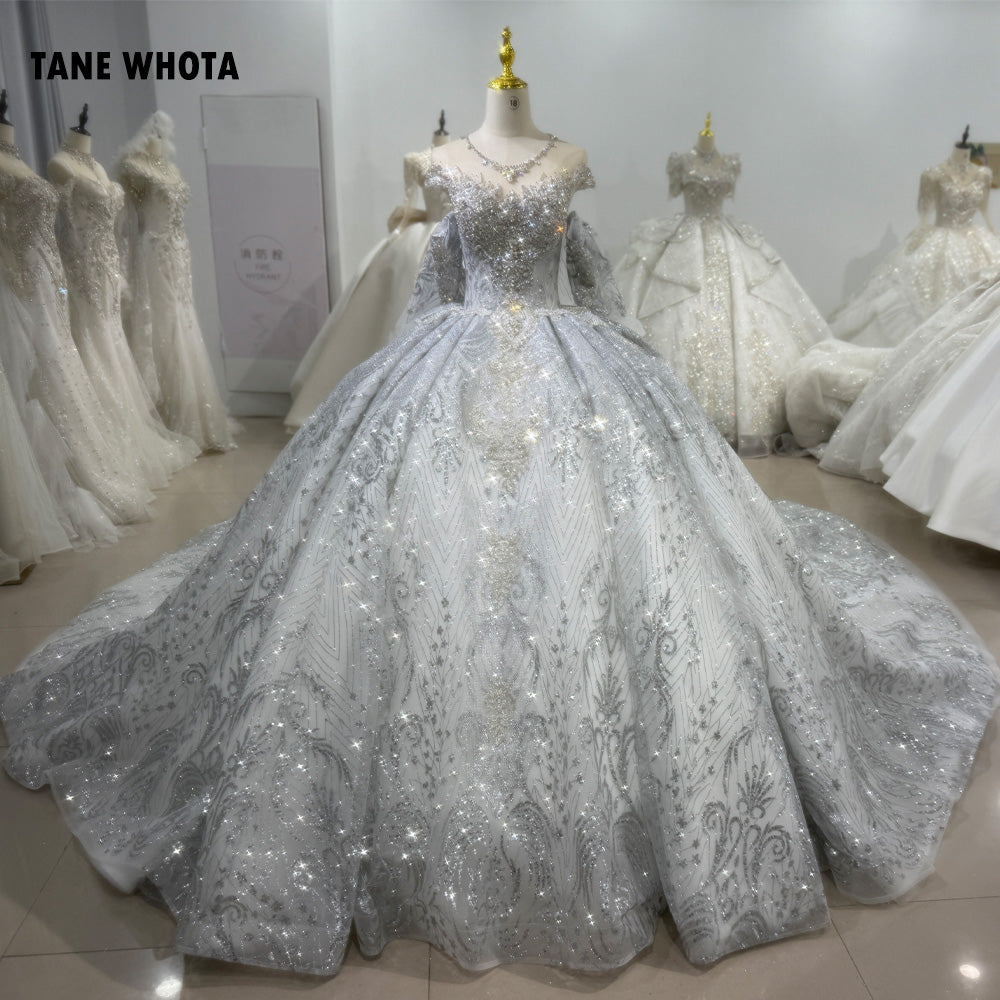 TW224 Noiva Vestido De Casamento 2025 Cap Sleeve O-Neck Wedding Dress Lace Up Keyhole Back Beading Embroidery Silver Bridal Dress