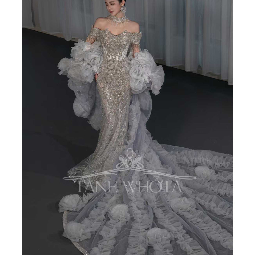 TW669 Customizable Sweetheart Off-Shoulder Wedding Dress Beading Crystal Sequined Tassel Sheath Style Boda Vestido De Novia
