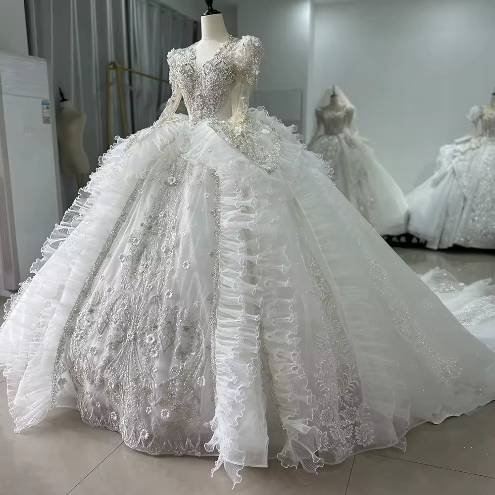 TW178 Vestidos Boda V-Neck Long Sleeve Wedding Dress Lace Up Keyhole Back Beading Crystal Ball Gown Bridal Dress