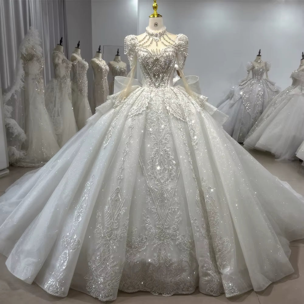 TW132 Long Sleeve Wedding Gown High Lace Up Keyhole Back Wedding Dress Embroidery Bow Beading Sequined Crystal Ball Gown Bridal Dress