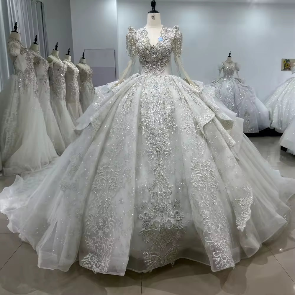 TW149 Vestido De Casamento Noiva Long Sleeve Scalloped V Neck Wedding Dress Lace Up Back Beading Crystal Ball Gown Bridal Dress