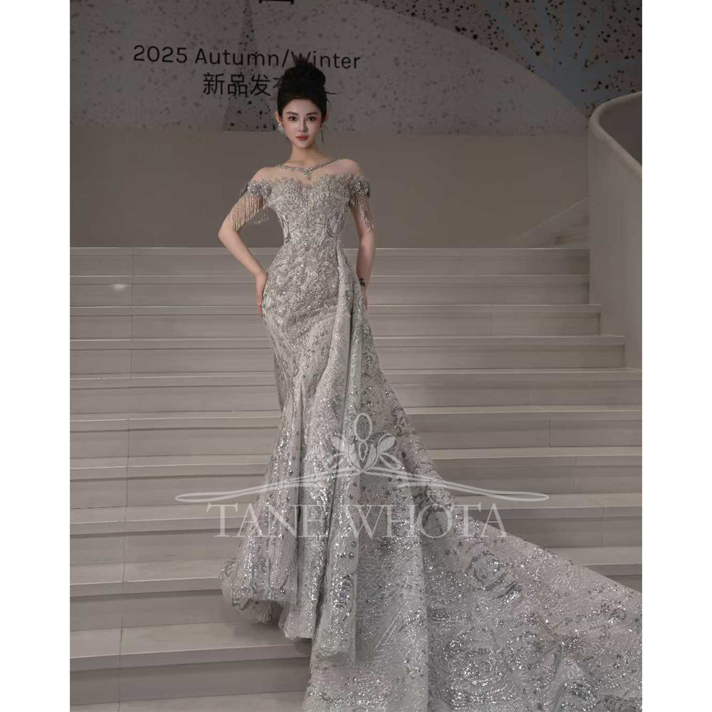 TW670 Luxury O-Neck Short Sleeve Wedding Dress With Lace Up Keyhole Back Embroidery Beading Sequined Tassel Sheath Customized