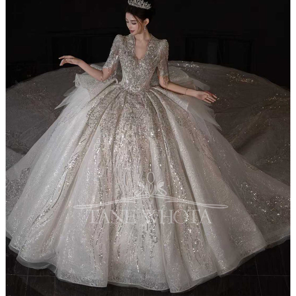 TW674 Sexy Scalloped Short Sleeve Beaded Sequined Ball Gown Wedding Dress Civil Ceremony Robe Customized Mariée