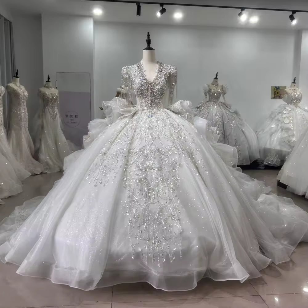 TW159 Vestidos De Noivas Tassel Short Sleeve Scalloped Wedding Dress Lace Up Keyhole Back Beading Embroidery Ball Gown Bridal Dress