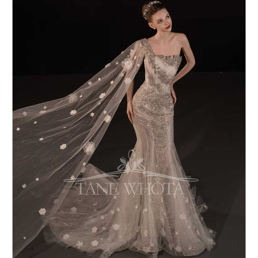 TW740 Sexy One-Shoulder Beaded Crystal Sequined Wedding Dress Customized Fit Sheath Gown For Women