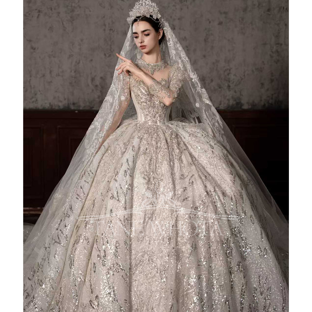 TW546 Women's Luxury Wedding Dress With High Long Sleeves Sequined Beading Ball Gown Customized Bridal Gown For Special Occasions