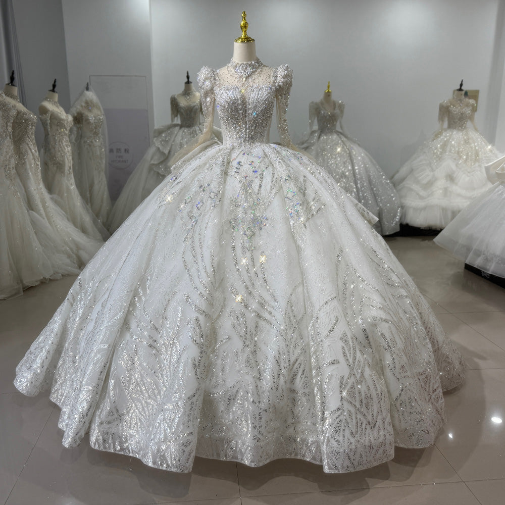TW122 Princess Wedding Dress Long Sleeve O-Neck Lace Up Keyhole Back Beading Sequins Rhinestones Crystal Ball Gown Bridal Dress