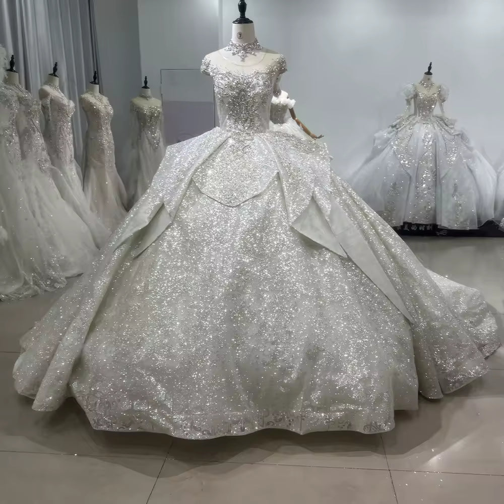 TW161 Vestido Casamento 2025 Cap Sleeve O-Neck Lace Up Back Wedding Dress Beading Sequined Star Crystal Ball Gown Luxury Bridal Dress