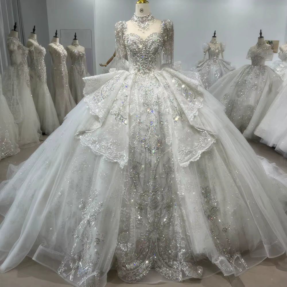 TW188 Robe Mariee Wedding Dress Lace Up Keyhole Back Beading Crystal Short Tassel Sleeves Ball Gown Bridal Dress