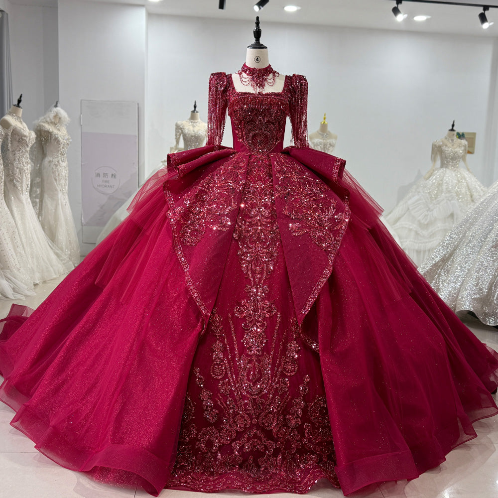 TW014 Lace Long Sleeve Square Callar Evening Dress Crystal Beaded Lace Up Back Red Long Dresses For Special Occasions
