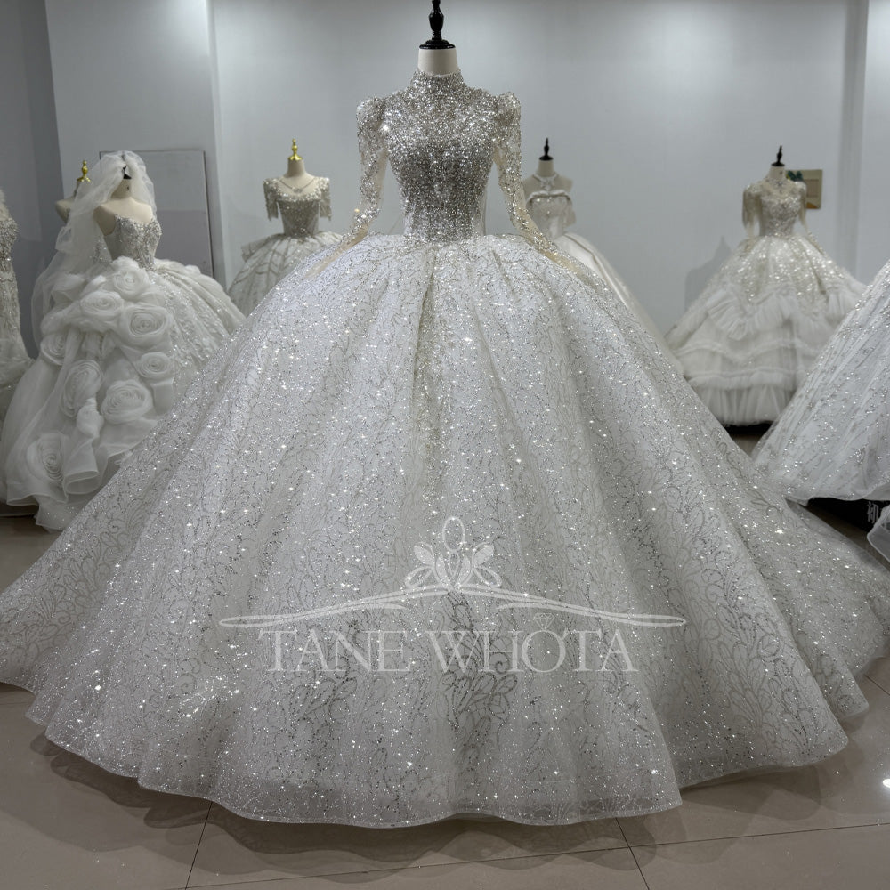 TW628 Vestidos Boda High Long Sleeve Crystal Sequined Wedding Dress Lace-Up Keyhole Back Customized Ball Gown For Brides