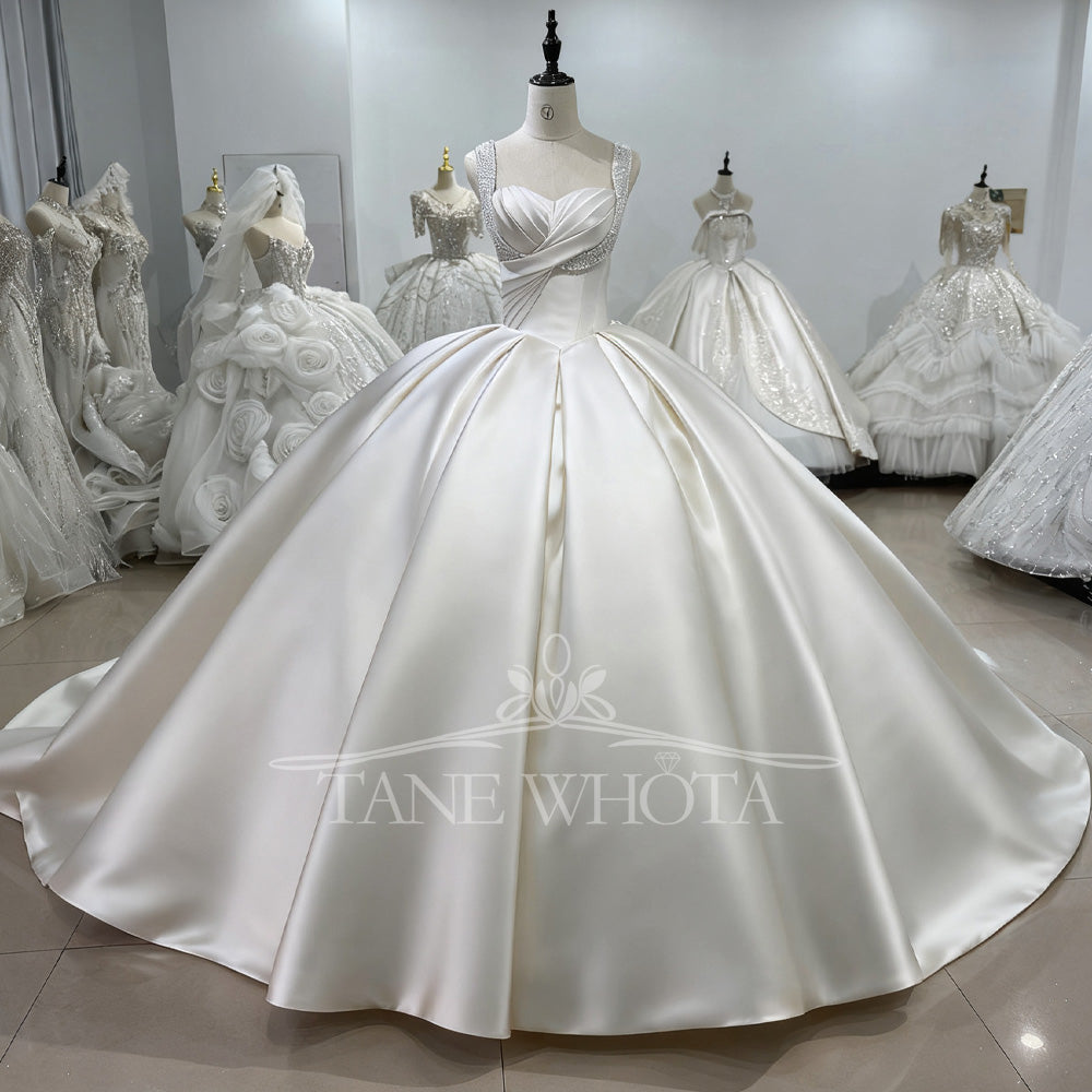 TW626 Suknia Slubna Spaghetti Straps Sleeveless Beaded Ruched Lace-Up Back Customized Ball Gown Wedding Dress