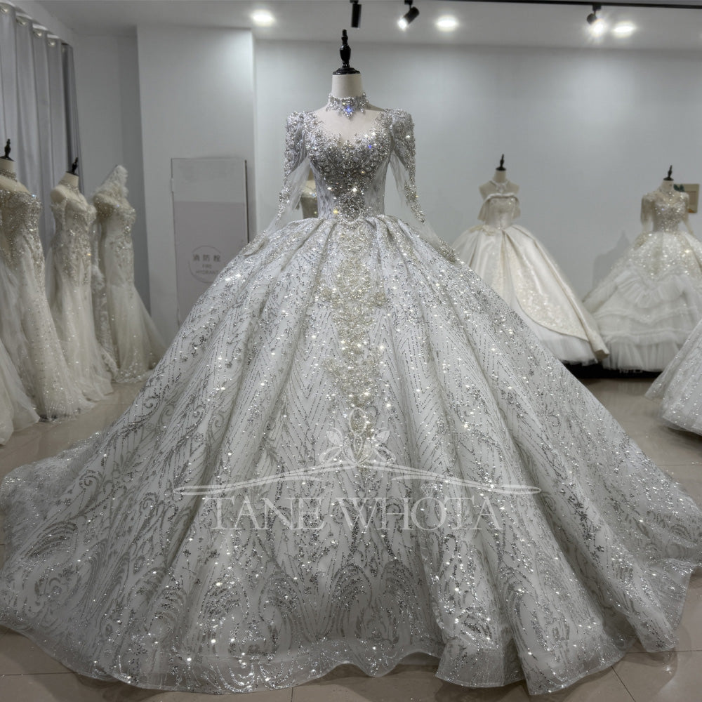 TW486 Elegant Silver Wedding Gowns Long Sleeve High Neck Ball Gown Crystal Silver Lace Sequins Bridal Dress Long Train
